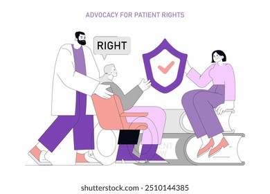 World Alzheimer's Month concept. An illustration showing advocacy for patient rights with a doctor, patient, and assistant. Highlighting healthcare support. Vector illustration.