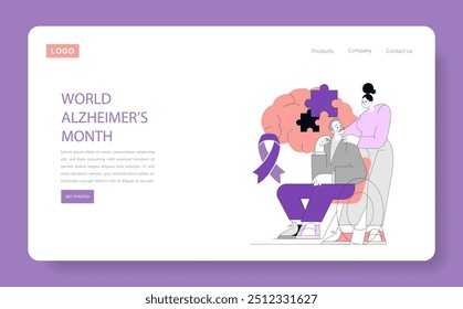 Concepto del Mes Mundial del Alzheimer. Una ilustración que presenta a un hombre mayor con una pieza de rompecabezas que le falta en el cerebro, que simboliza la pérdida de memoria, con la Asistencia de un cuidador. Tema de concienciación y cuidado