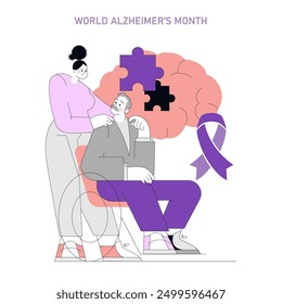 Concepto del Mes Mundial del Alzheimer. Mujer de apoyo con hombre mayor, rompecabezas cerebral simbólico y cinta de conciencia. Ilustración vectorial.