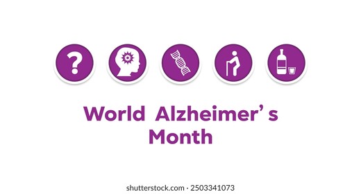 World Alzheimer's Month. Exclamation points, trauma, genetic, people icon and alcohol. Great for cards, banners, posters, social media and more. White background.