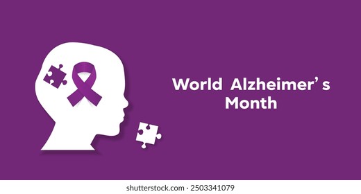 World Alzheimer's Month. Human, puzzle and ribbon. Great for cards, banners, posters, social media and more. Purple background.