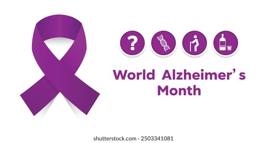 World Alzheimer's Month. Ribbon, exclamation points, genetic, people icon and alcohol. Great for cards, banners, posters, social media and more. White background.