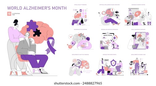 World Alzheimers Month set. Awareness and support through advanced therapies and technologies. Patient care, early detection, and nutrition highlighted. Vector illustration.