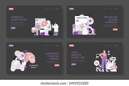 World Alzheimer's Month set. Awareness of dementia, genetic research, and innovative elder care. Advances in brain health and technology. Vector illustration.