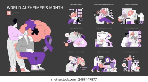 Mes Mundial del Alzheimer. Ilustraciones que describen la conciencia, las terapias, la nutrición y la tecnología en el cuidado de la demencia. Apoyar el bienestar de las personas mayores con innovación. Ilustración vectorial.