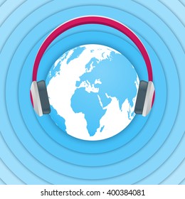 World Amateur Radio Day. Blue and white vector illustration with a globe, headphones and radio waves. Radio broadcasting.