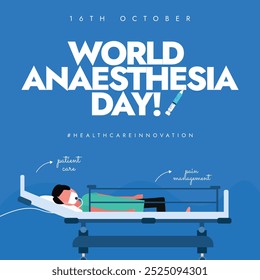 World Anaesthesia day. 16th October anesthesia day celebration banner with a patient in hospital bed, syringe. The day remember the first successful demonstration of diethyl ether anesthesia in 1846.