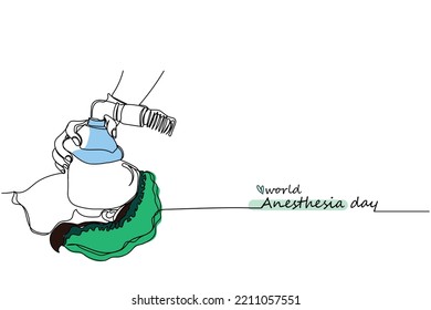 World anesthesia day line art. Patient head mask and oxygen mask. Person lying on a table in operation theater. Anesthetist. Anesthetic. Surgery, Hospital. October celebrates anesthesia day for doctor