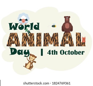 World Animal Day, 4 October, poster with cute illustrations of animals such as Bear, Sheep, Monkey, etc, vector