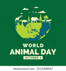 World Animal Day 4 October, World Animal Day Poster with green background, Group of animals icon