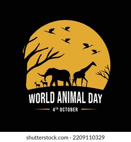 World Animal Day 4th October, Wildlife Day, Flat Vector Illustration, Wildlife Welfare Day, World Wildlife Day, Wild Animals Silhouette, Love Animals Banner, Poster, Social Media Post, Yellow Banner.