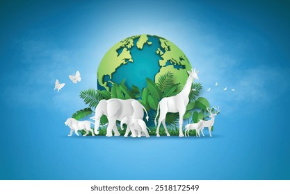 World Animal Day and Animals in the wildlife concept,paper cut art style.