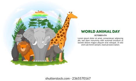 World Animal Day background with animals and a forest with rainbow