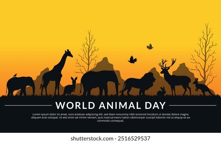 Fondo del Día Mundial de los Animales, silueta de la vida silvestre con jirafa, elefante, león, ciervo, canguro, etc. conveniente para la tarjeta de felicitación, Anuncio, cartel, Plantilla