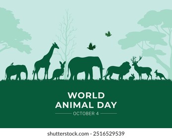 Fundo do Dia Mundial dos Animais, silhueta da vida selvagem com girafa, elefante, leão, veado, canguru, etc. adequado para cartão de saudação, faixa, cartaz, modelo