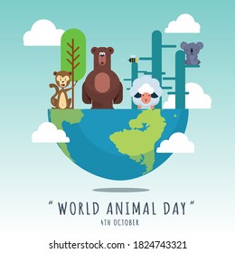 World Animal Day banner, 4th October, wildlife poster with animal illustrations, vector