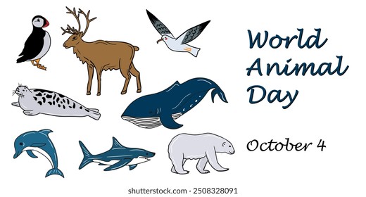 World animal day banner with arctic animals and birds in flat style. Vector hand drawn illustration in doodle style. Template for background, banner, card, poster with text inscription