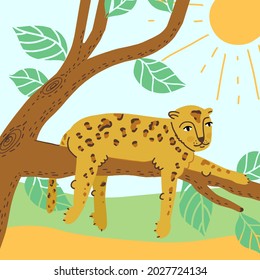 World animal day banner design. Cute smiling leopard or cheetah chilling, lying on a tree branch and enjoys the sun rays. Funny cartoon vector illustration.