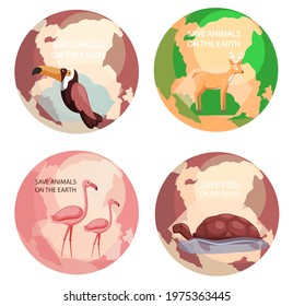 World animal day banner. Set of illustrations about Earth habitats, plants and wildlife. Biodiversity, conservation and environmental protection concept. Birds, mammals and fish on planet Earth