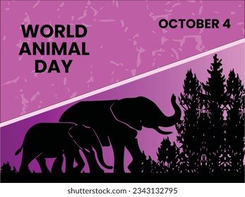 World animal day banner with two elephant eating tree branch