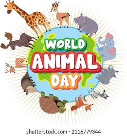 World Animal Day banner with wild animals standing earth illustration