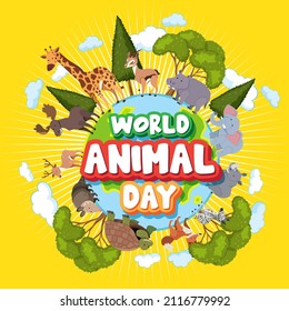 World Animal Day Banner With Wild Animals Standing On Earth Illustration