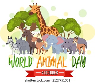 World Animal Day banner with wild animals in cartoon style illustration