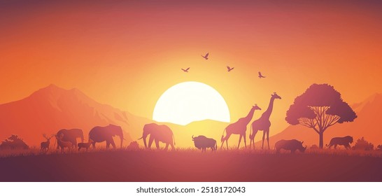 dia mundial do animal com a beleza de animais selvagens vagueiam livremente em todo o campo no pôr do sol.