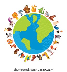 World Animal Day. Cartoon Earth Postcard With Cute Wildlife Animals. Use For Kids And Preschool Education. Earth Day Concept.