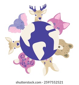 World animal day, cartoon illustration on the white background