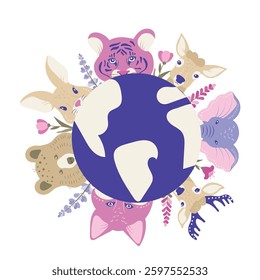 World animal day, cartoon illustration on the white background