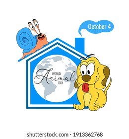 World Animal Day celebrate 4 october. Dog and snail on white background. Concept design poster, banner, card, postcard. Vector illustration