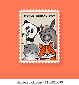 World animal day. Cute animal fox, cat, panda, donkey. Vector card with a line art fun animals. Stamp. Mark. Postcard.