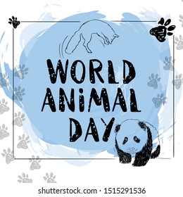 World Animal Day. With cute little baby panda and jumping fox. Sketch and doodle style.