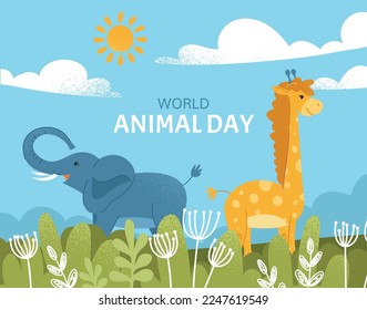 World animal day. Elephant and giraffe in clearing, flora and fauna. African savannah and wild life. International holiday, design for greeting postcard, festival. Cartoon flat vector illustration