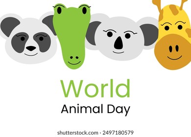 Día Mundial del Animal. Cabezas de animales salvajes. Osos - panda y koala. Cocodrilo, jirafa. Caras lindas, hocico. Animales exóticos. Postal para el evento. Dibujos animados para niños. Imagen de color. Ilustración vectorial