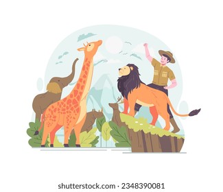World Animal Day Illustration. A Male Zoo Keeper With Animals Celebrates World Animal Day. World Wildlife Day