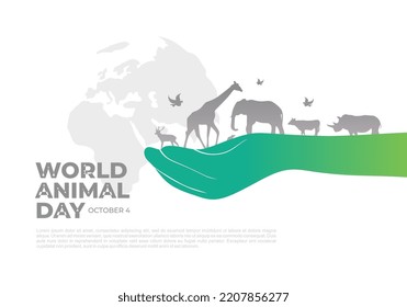 World animal day with world map and animal on hand background celebrated on october 4.