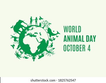 World Animal Day Poster with green Planet Earth with animals and plants icon vector. Silhouette of Planet Earth with fauna and flora icon. Environmenta icon vector. Animal Day Poster, October 4