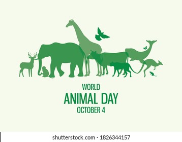 World Animal Day Poster with green silhouettes of wild animals icon vector. Wild animals silhouette set. Environmenta icon vector. Group of animals icon. Animal Day Poster, October 4. Important day