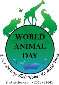 World Animal day poster with green and blue silhouettes of wild animals.WAD concept.Green World.Suitable for greeting Card,poster and banner.4 October.