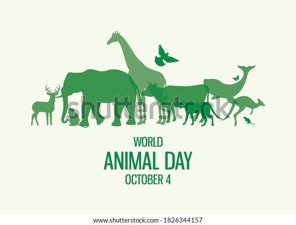 World Animal Day Poster with green silhouettes of\
wild animals icon vector. Wild animals silhouette set. Environmenta\
icon vector. Group of animals icon. Animal Day Poster, October 4.\
Important day