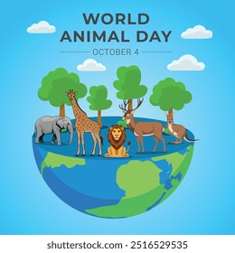 Cartel del Día Mundial de los Animales, ilustración vibrante de la vida silvestre con león, elefante, jirafa, ciervo y canguro, celebrando la conservación mundial de los animales el 4 de octubre