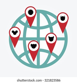 world animal day, save animals, rare animals, geotags around globe, vector illustration