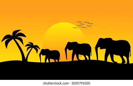 world animal day silhouette background, elephant silhouette in the sunrice