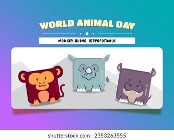 World animal day, square animal cartoon set monkey, rhino, and hippopotamus.