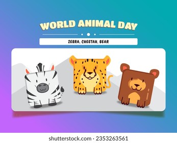 World animal day, square animal cartoon set zebra, cheetah, and bear.