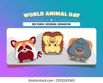 World animal day, square animal cartoon set red panda, hedgehog, and orangutan.