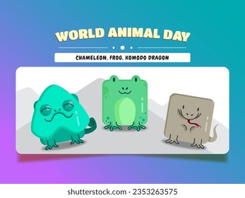World animal day, square animal cartoon set chameleon, frog, and komodo dragon.
