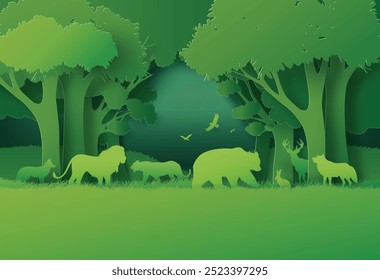  world animal day with a tranquil scene of forest wildlife in layered paper-cut style, featuring various animals in a lush green environment, 